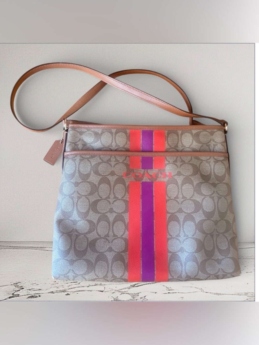 Coach Khaki Crossbody Bag with Orange & Purple Varsity Stripes